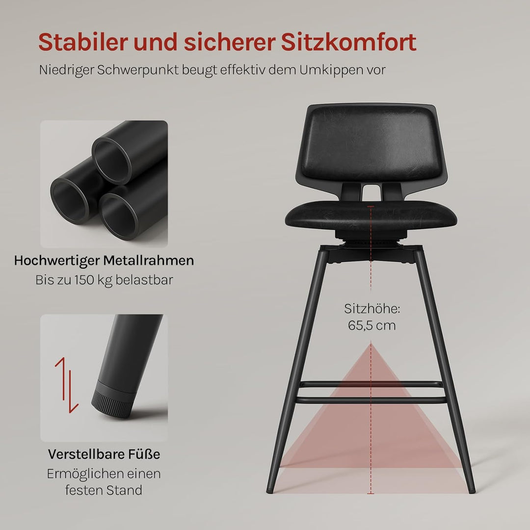 WOLTU Barhocker 2er Set, Barstuhl 360° drehbar, Küchenhocker mit Rückenlehne Fussstütze, für Küche B