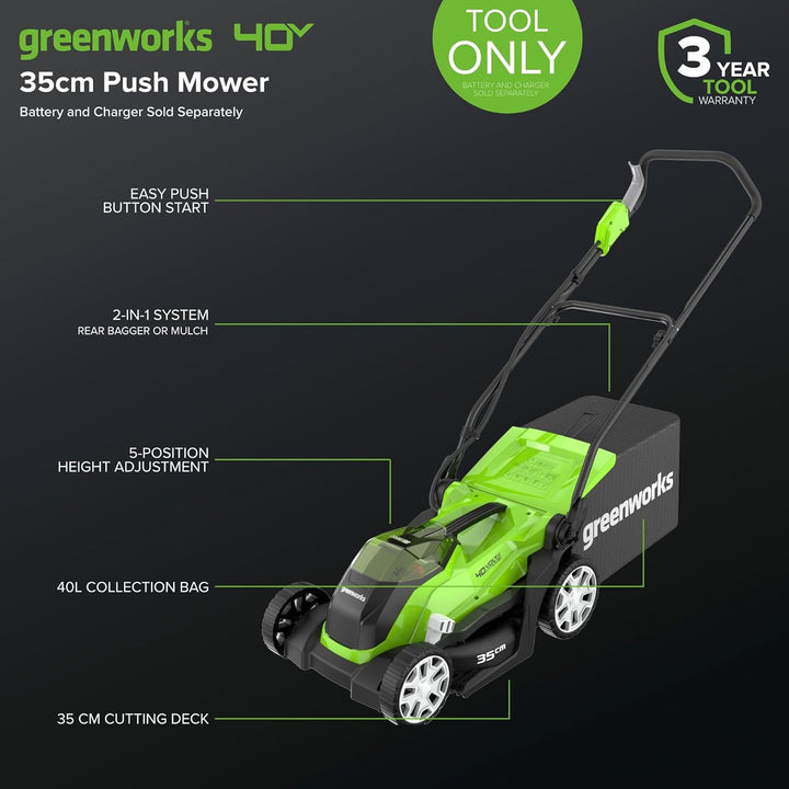 Greenworks G40LM35 Kabelloser Akku Rasenmäher - Für Flächen bis zu 400 m², 35 cm Schnittbreite, 40-L