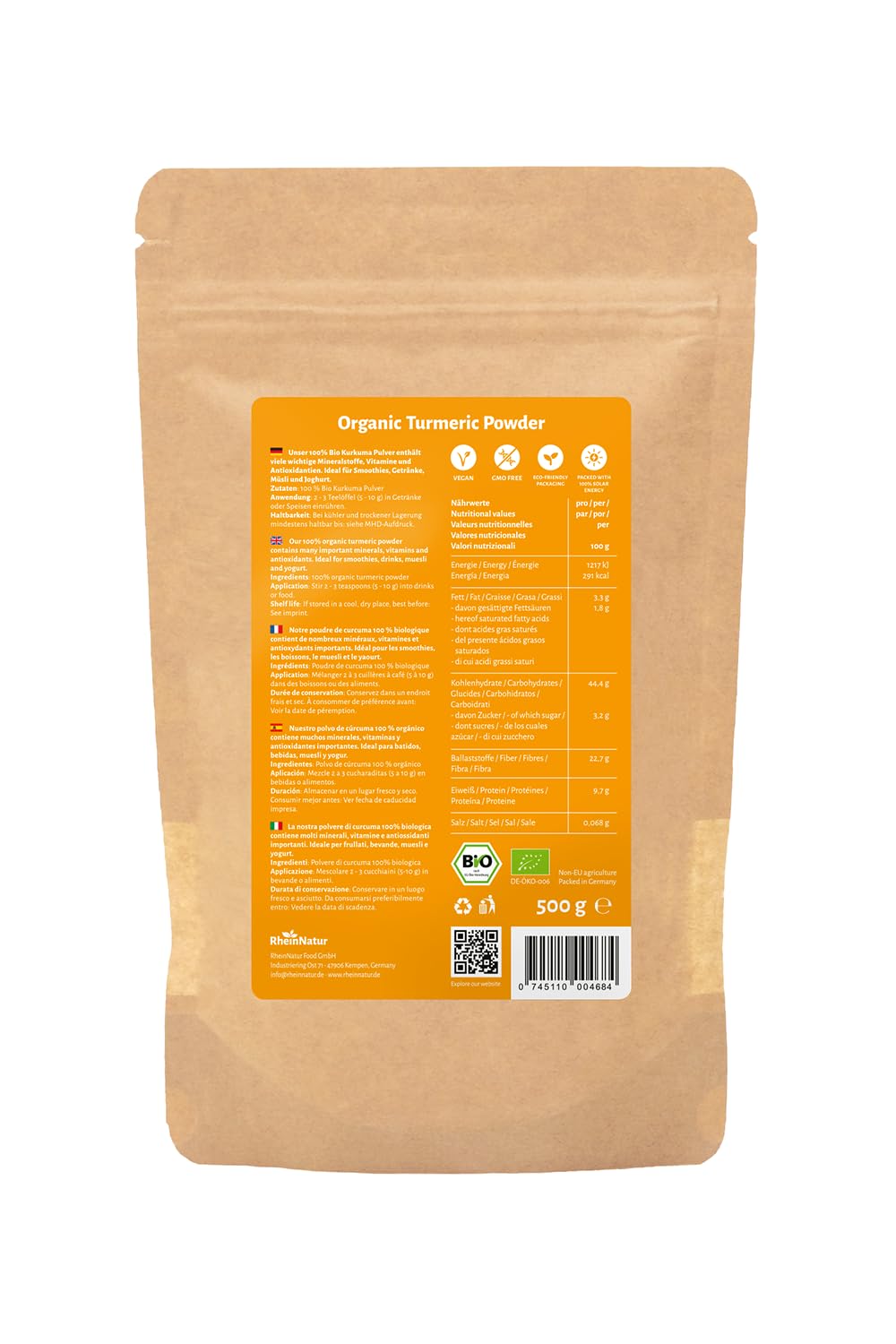 RheinNatur Bio Kurkuma Pulver 500 g - 100% fein gemahlene Kurkumawurzel
