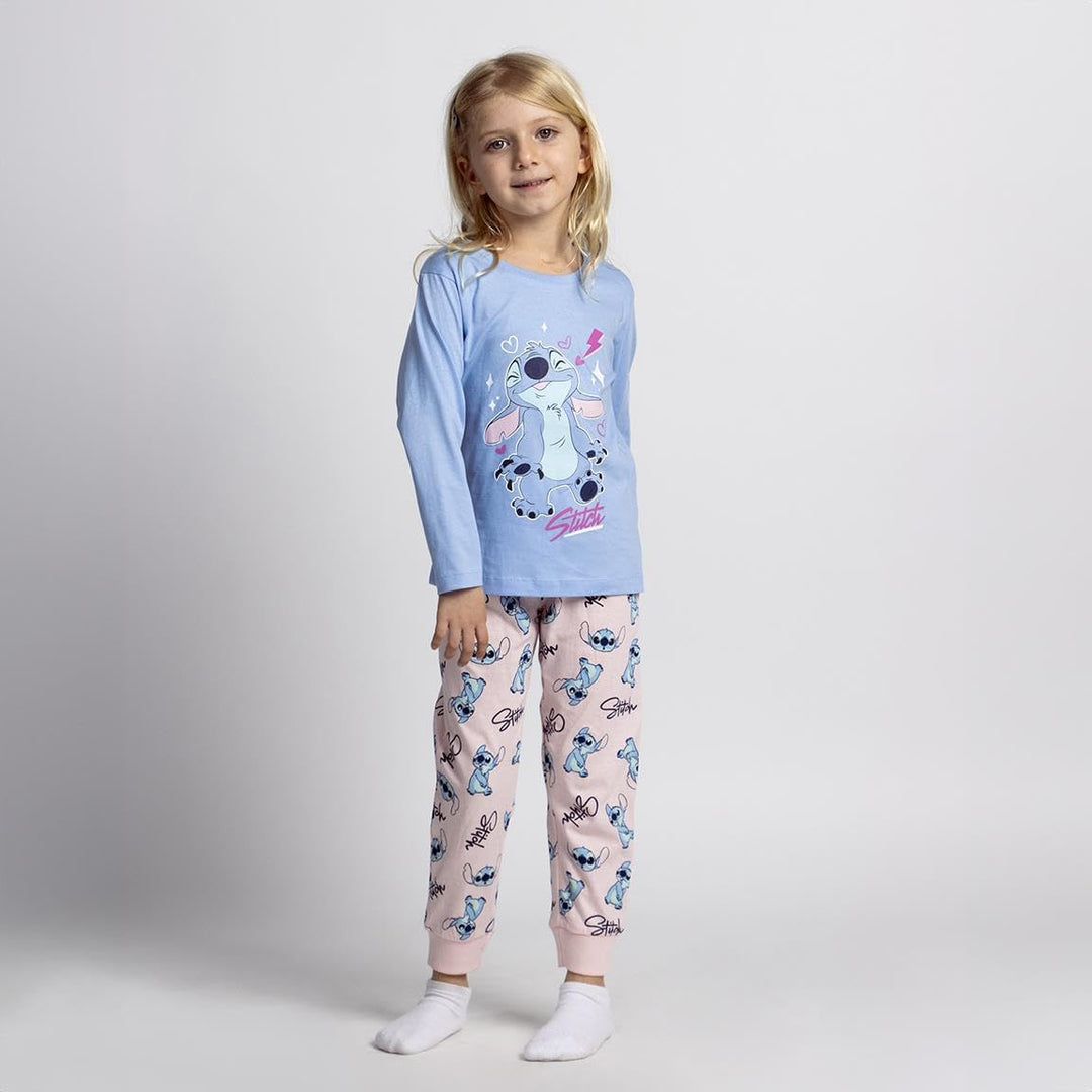 Disney Lilo und Stitch Mädchen-Schlafanzug, Grösse 128-164, hellblaues Oberteil mit Stitch, rosa Hos