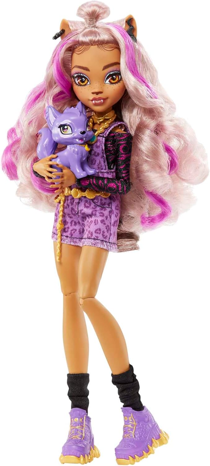 Monster High Clawdeen Puppe, Werwolf Modepuppe mit rosa und blondem Haar, Haustier und Puppenzubehör