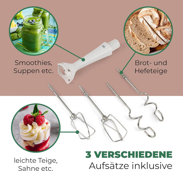 Clatronic Handmixer HM 3524, Set mit Mixstab, Edelstahlquirle & extra lange Knethaken, 5 Geschwindig