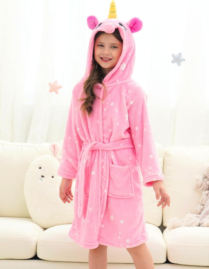 Ceruwum Einhorn Bademantel für Mädchen Weich Fleece Morgenmäntel mit Kapuze 5-6 Jahre Rosa Sterne, 5
