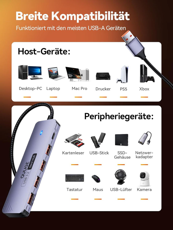 USB Hub 3.2 Gen2, QUUGE 5-in-1 USB Verteiler mit 4 Ports USB-A 10Gbps, Multiport Adapter Splitter mi