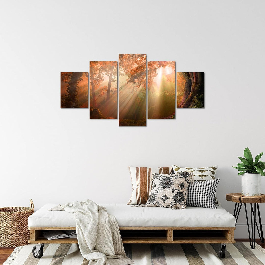 Runa Art Bild Schlafzimmer Wohnzimmer Wald Landschaft 5 Teilig Sonne Braun Wandbilder auf Vlies Lein