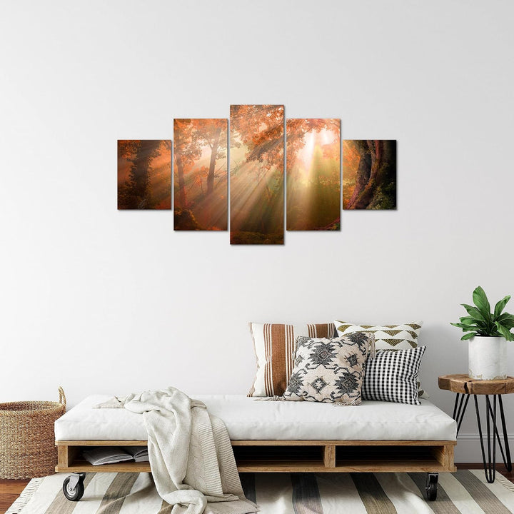 Runa Art Bild Schlafzimmer Wohnzimmer Wald Landschaft 5 Teilig Sonne Braun Wandbilder auf Vlies Lein