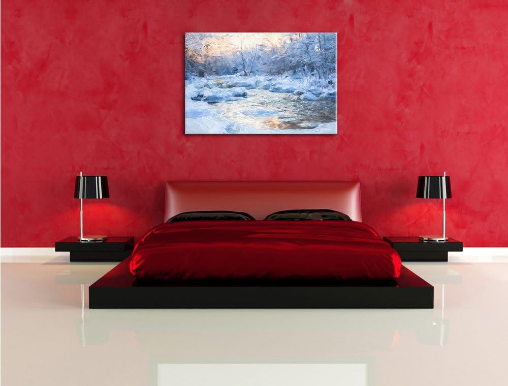 Pixxprint Bach in Winterlandschaft Pinsel Effekt, Format: 100x70 auf Leinwand, 100x70