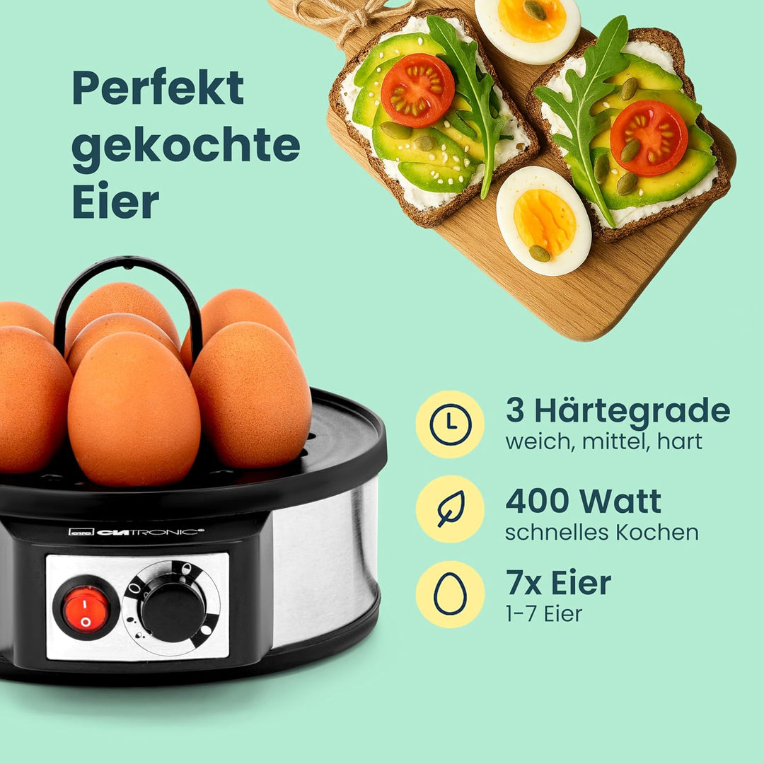 Clatronic® Elektrischer Eierkocher für bis zu 7 Eier | Eierkocher Edelstahl mit Härtegradeinstellung