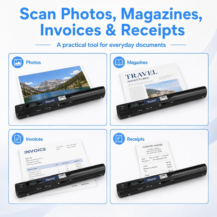 Handscanner mit 16G Micro SD, 900 DPI Tragbarer Hand-Dokumentenscanner Farbscanner, A4 Scanner Scann