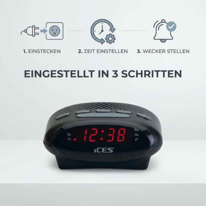 iCES ICR-210 Uhrenradio - Radiowecker mit 2 Weckzeiten - PLL FM - Schlummerfunktion - Sleeptimer - G
