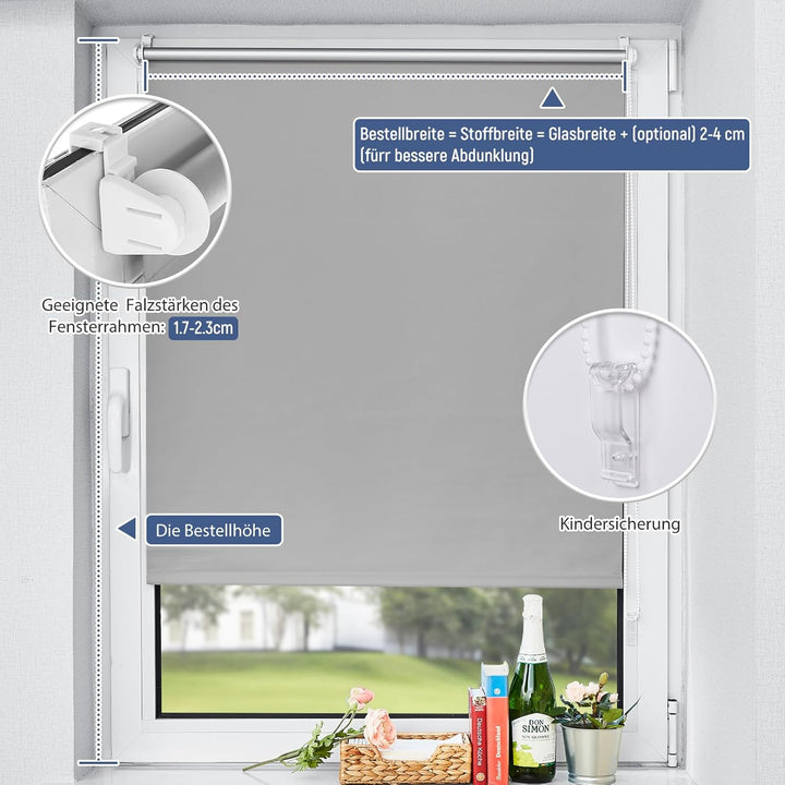 Verdunklungsrollo ohne Bohren Hellgrau B35 x H100 cm Klemmfix Rollo Innenrollo Thermorollo Klemmroll