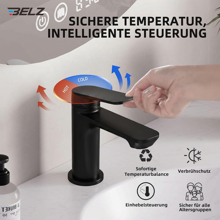 BELZ Badarmatur Waschtischarmatur – Einhebel-Mischbatterie aus Messing, Wasserhahn fürs Badezimmer,