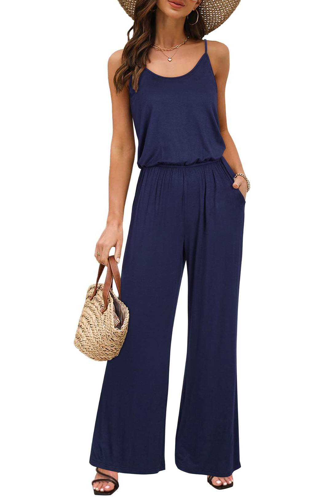 OUGES Damen Sommer Ärmellos Jumpsuit Overall Lang Hosenanzug Casual Playsuit Romper mit Taschen S Ma