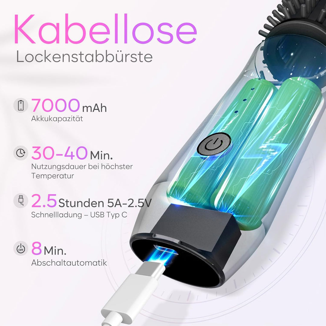 Kabellose Lockenstabbürste, 2024 NEU Tragbare Reise-Lockenstab-Minibürste für Frauen, 7000 mAh USB-A