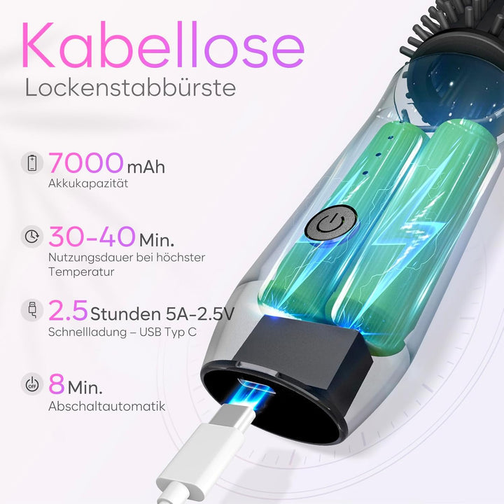 Kabellose Lockenstabbürste, 2024 NEU Tragbare Reise-Lockenstab-Minibürste für Frauen, 7000 mAh USB-A