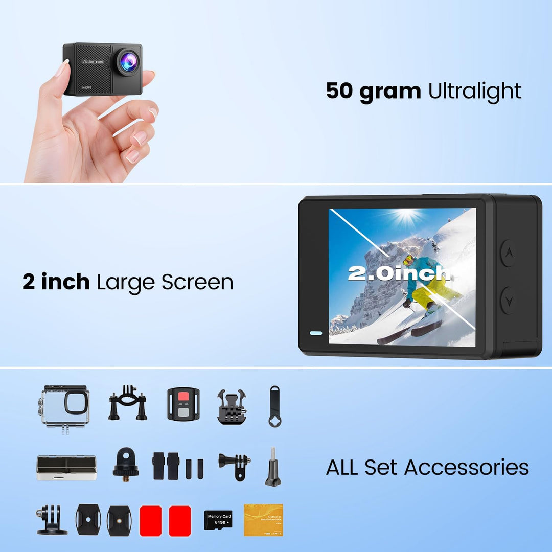 Touchscreen 4K60FPS Action Cam, Unterwasserkamera mit 64G SD Karte 48MP HD WiFi Kamera mit EIS 40M W
