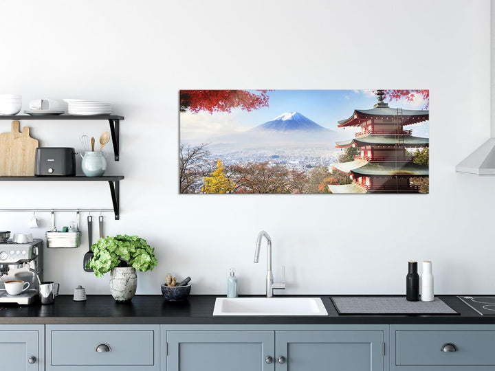 Glasbild Panorama | Wandbild aus Echtglas | Japanischer Tempel im Herbst | 120x50 cm | inkl. Aufhäng