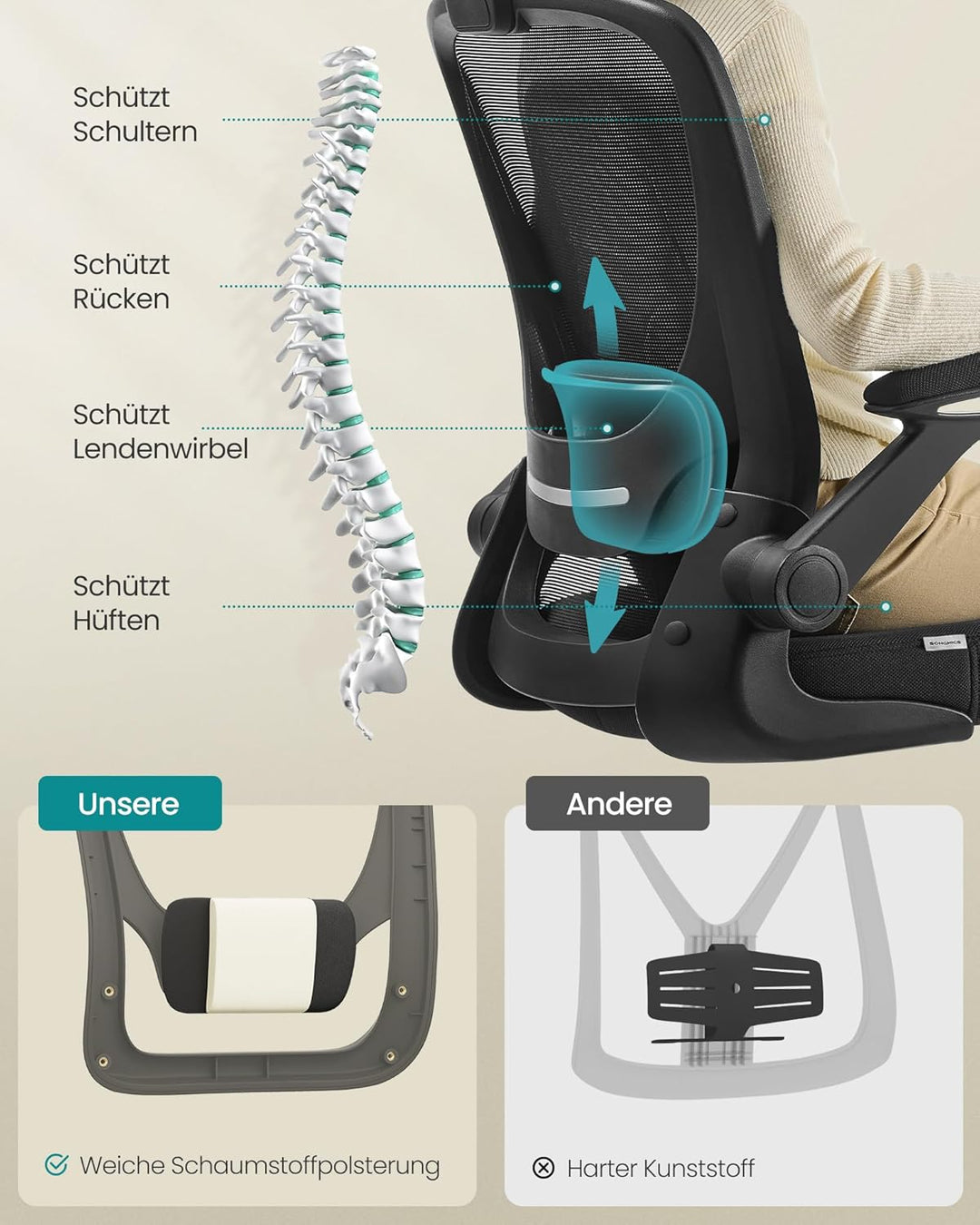 SONGMICS Bürostuhl ergonomisch, Schreibtischstuhl klappbare armlehne, 360° Drehstuhl, verstellbare L
