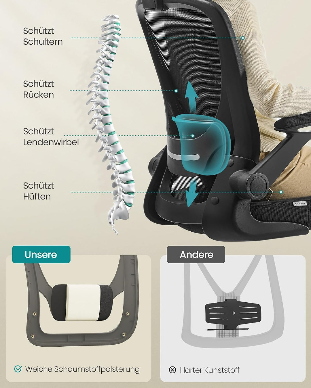 SONGMICS Bürostuhl ergonomisch, Schreibtischstuhl klappbare armlehne, 360° Drehstuhl, verstellbare L
