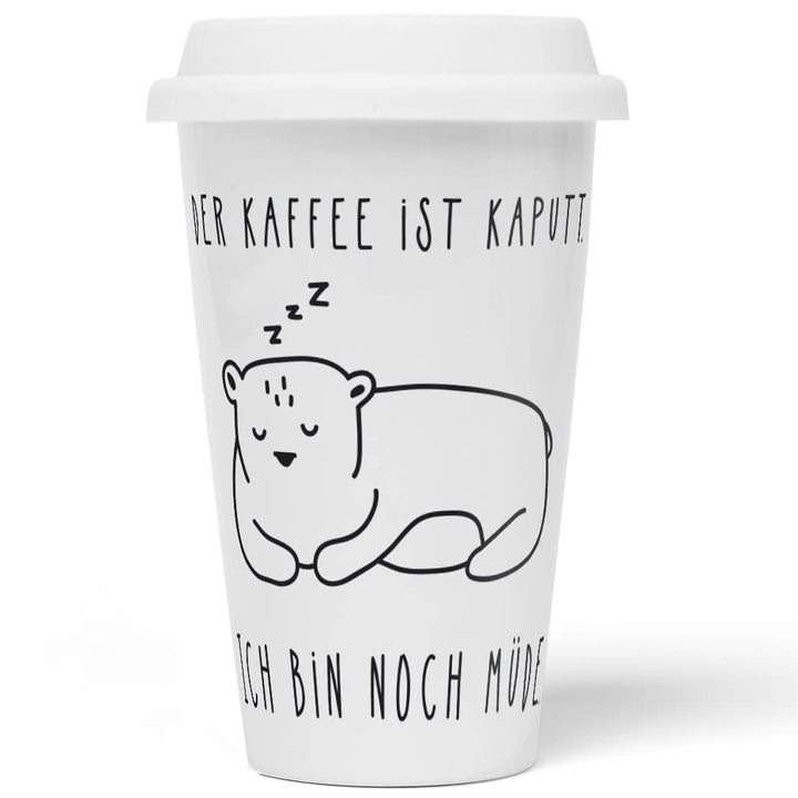 JUNIWORDS To-Go Becher mit Deckel, Der Kaffee ist kaputt. Ich bin noch müde