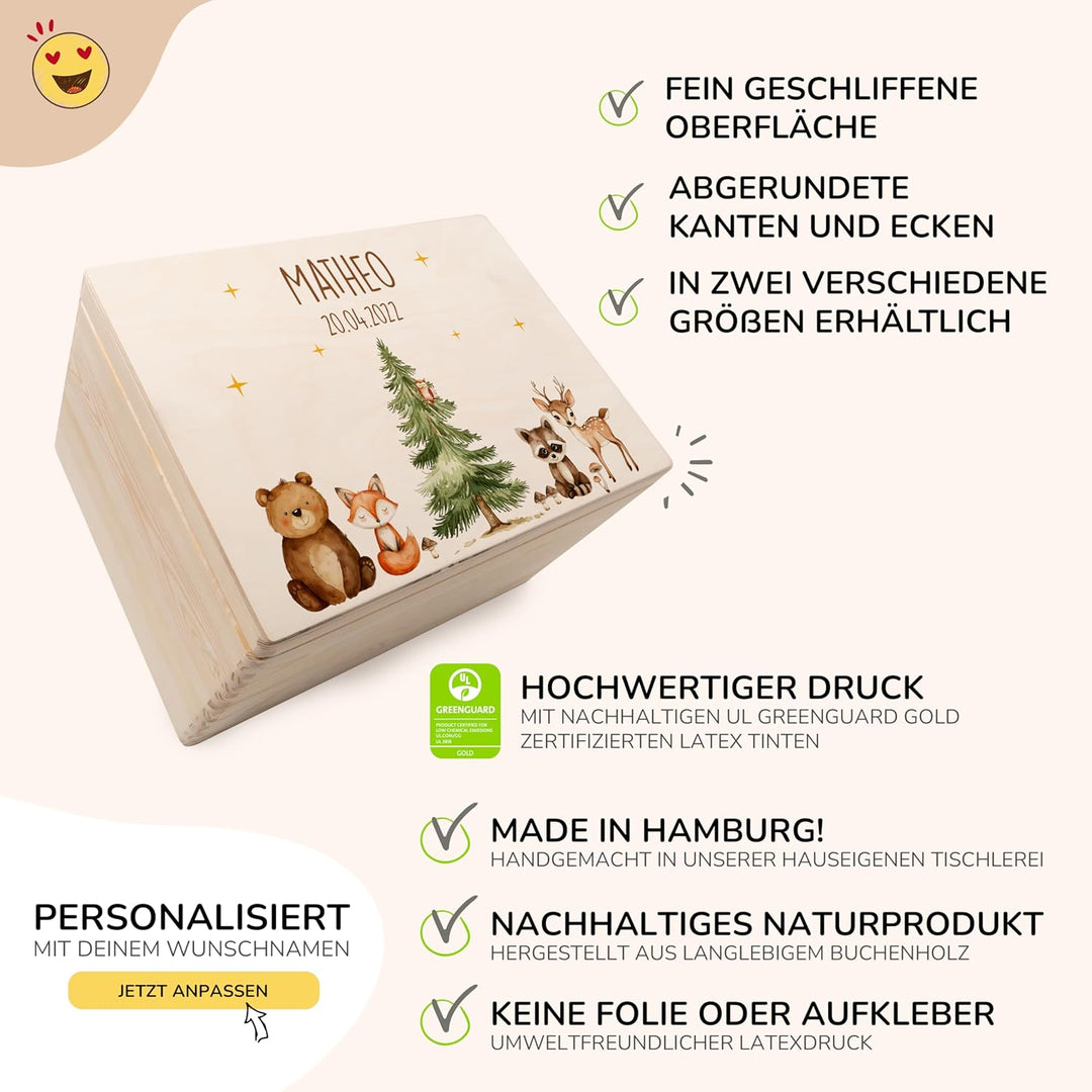KIDSMOOD - Erinnerungsbox Baby, personalisierte Holzkiste mit Deckel, Ideal zur Aufbewahrung von Eri