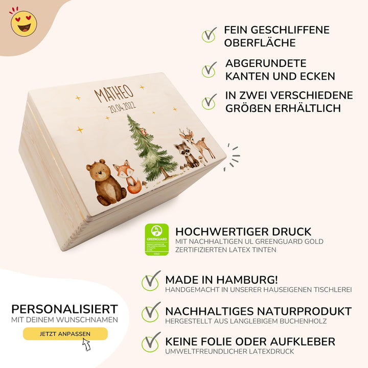 KIDSMOOD - Erinnerungsbox Baby, personalisierte Holzkiste mit Deckel, Ideal zur Aufbewahrung von Eri