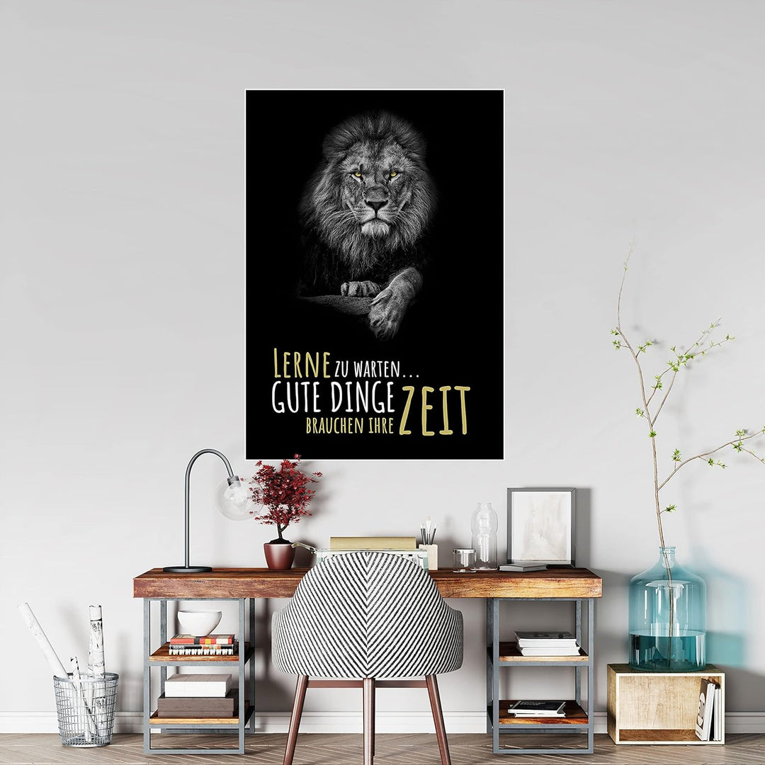 wandmotiv24 Poster als Wanddeko, Grösse 100x70cm, Gute Dinge brauchen Zeit, Löwe, Moderne Wanddeko,