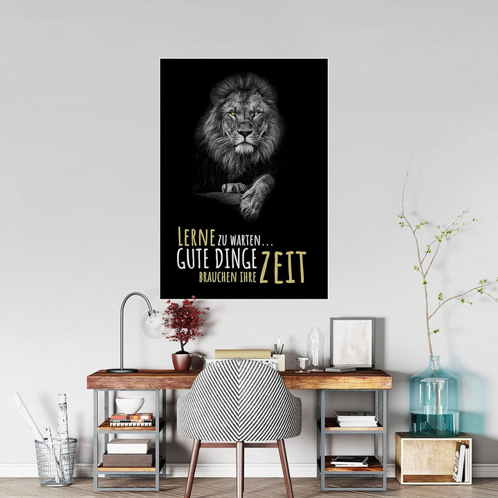 wandmotiv24 Poster als Wanddeko, Grösse 100x70cm, Gute Dinge brauchen Zeit, Löwe, Moderne Wanddeko,