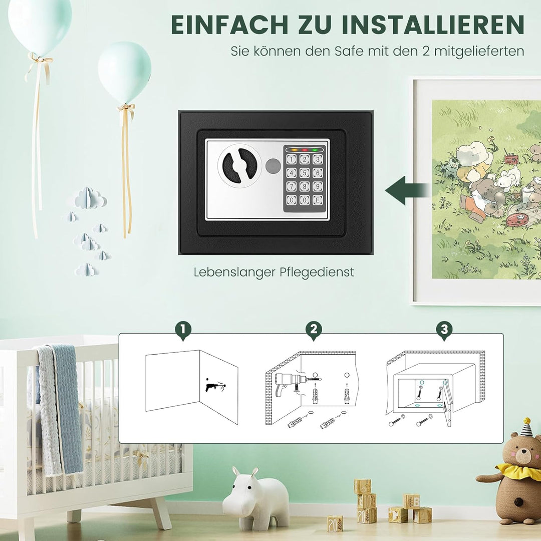 13L Mini Safe Tresor für Zuhause, Digitaler Tresor mit Ersatzschlüssel, Abnehmbarem Regal und Alarma