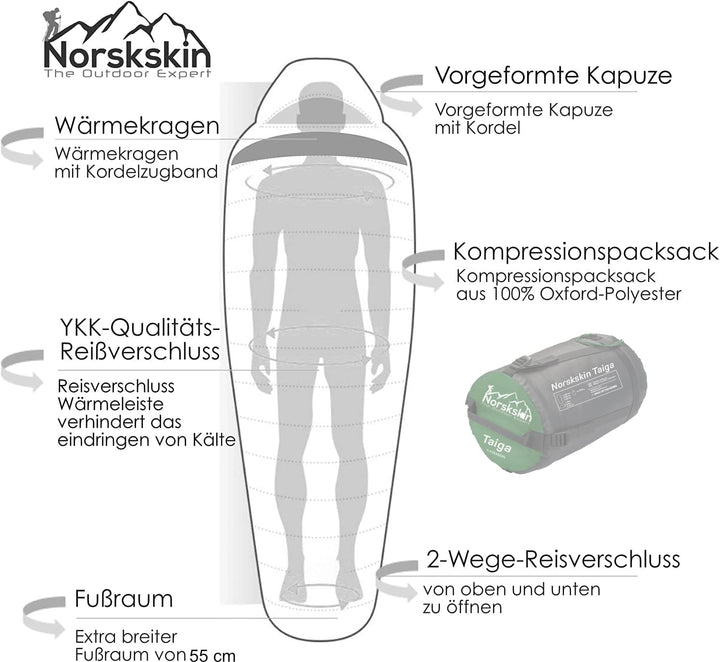 Norskskin Leichter Schlafsack 4 Jahreszeiten 0°C bis -23°C - Mumienschlafsack extra lang (230 x 82 c