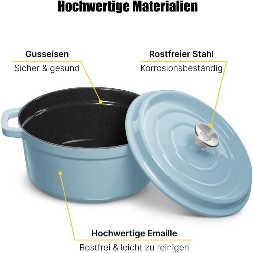 Schmortopf Gusseisen Topf - Emaillierter Gusseisentopf mit Deckel und breite Griffe für Küche, Backe