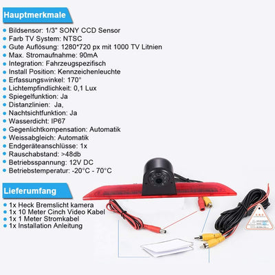 1280 x 720 Pixels 1000TV Lines Auto Top Mount Brake Bremsleuchte Kamera Bremslicht Rückfahrkamera Wa