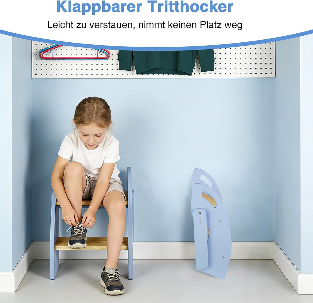 Tritthocker Kinder 2 Stufen, Trittleiter Klappbar Holz mit Griff, Tragfähigkeit bis zu 135KG, Tritts