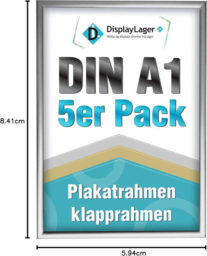 DisplayLager, Dänische Qualität - 5'er Sparpack Silber DIN A1 Klapprahmen mit 25mm Aluminium Profil,