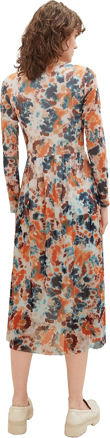 Tom Tailor Damen 1037927 Mesh Kleid mit Muster (1er Pack) 34 32367 - Grey Orange Tie Dye Floral, 34