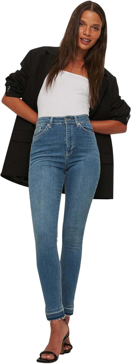 NA-KD Damen Skinny High Waist Open Hem Jeans, Mittelblau, 34 EU