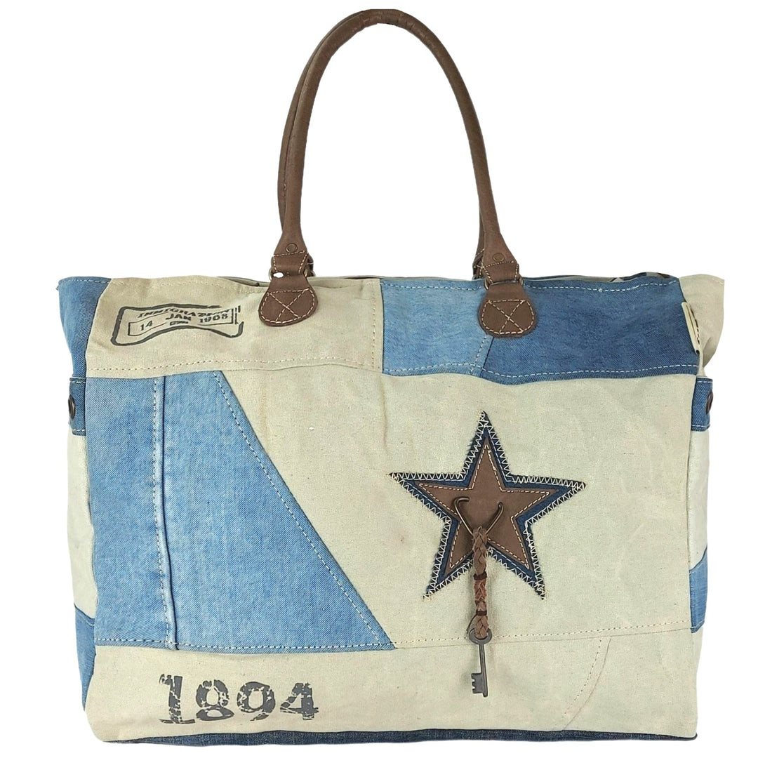 Sunsa Damen Handtasche. XXL Tasche aus Canvas recycelte Jeans & Leder. Nachhaltige Strandtasche/Week