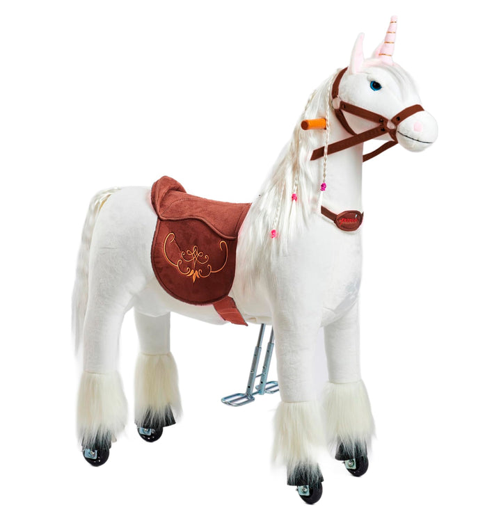 PONNIE Einhorn mit Rollen M (5-12 Jahre), Unicorn zum Reiten mit Abnehmbarer Braun Sattel und Halfte