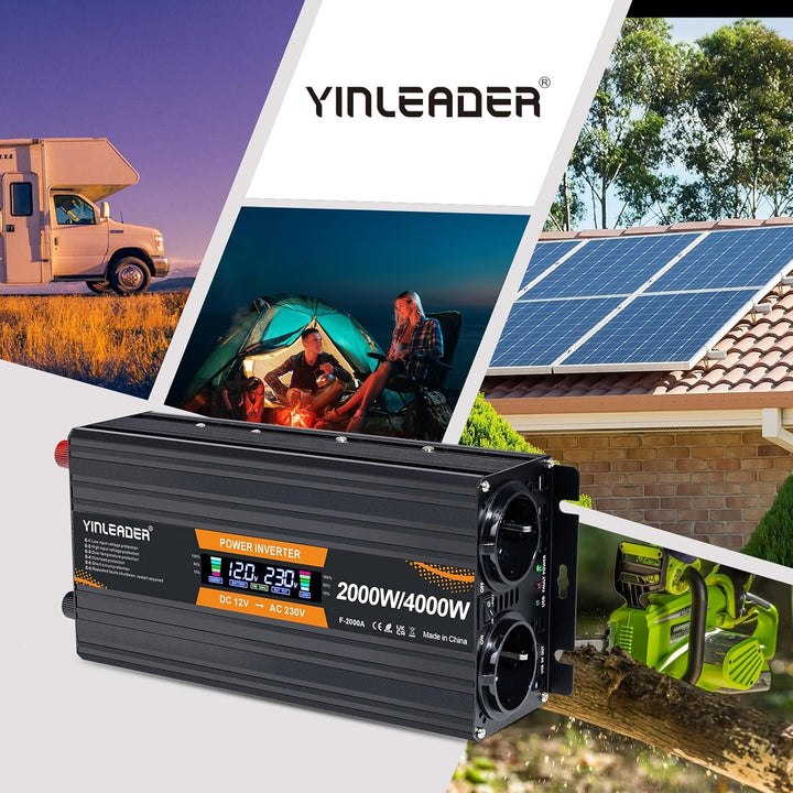 Yinleader Wechselrichter 12V 230V 2000W Spannungswandler mit LCD Display DC 12V auf 230V AC Spitzenl