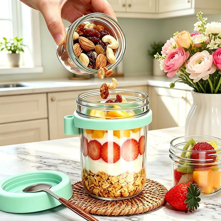 Müslibecher to Go 480ml+120ml, Overnight Oats Glas mit Deckel, Joghurtbecher to Go mit Trocken und N