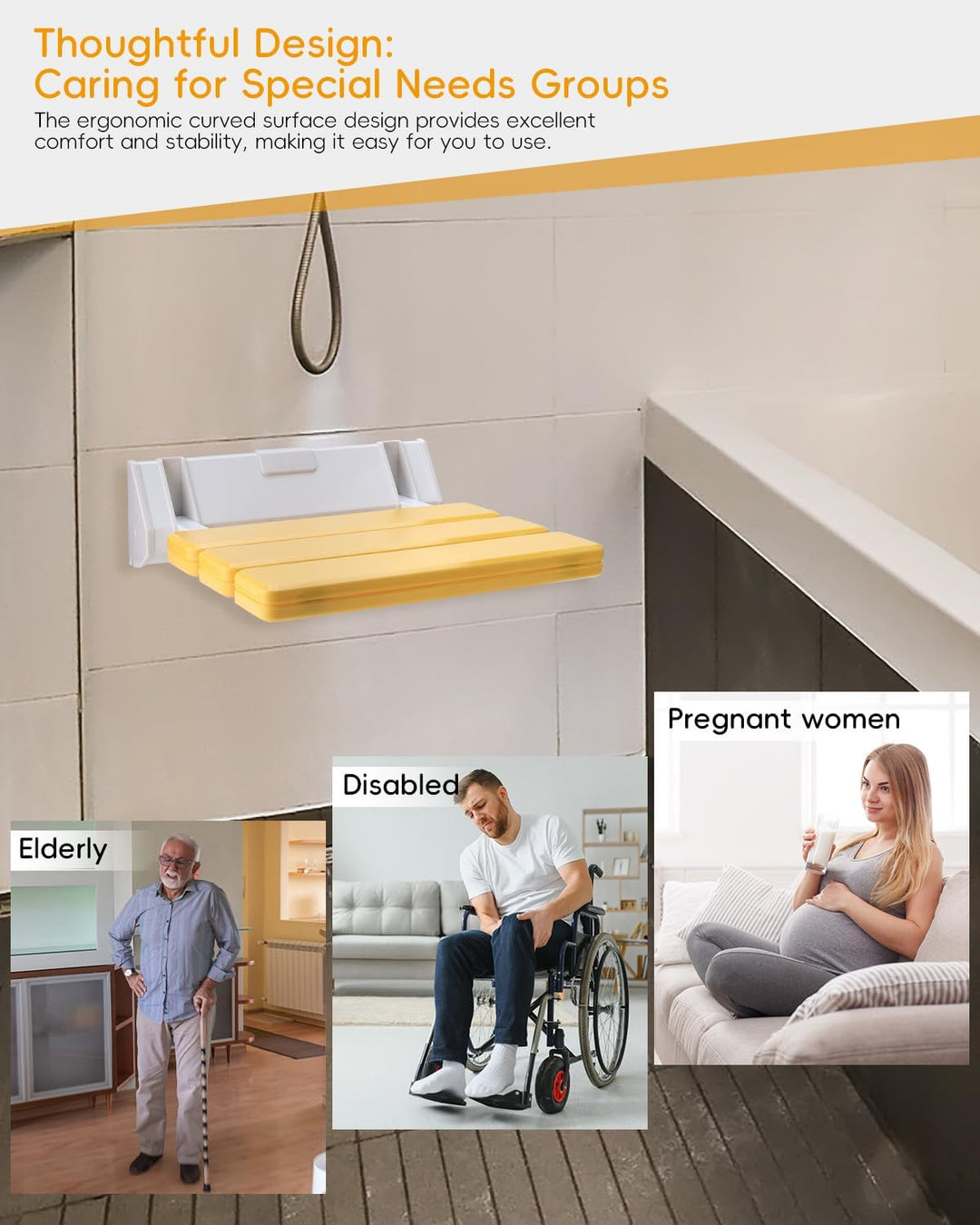 FreeTec Duschklappsitz Duschsitz Klappbar Wandmontage Belastbar bis 130kg Tragkraft Zusammenklappbar