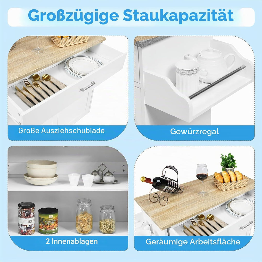 KOMFOTTEU Küchenwagen Servierwagen mit Arbeitsplatte, Küchenschrank Holz mit Rollen, Kücheninsel küc