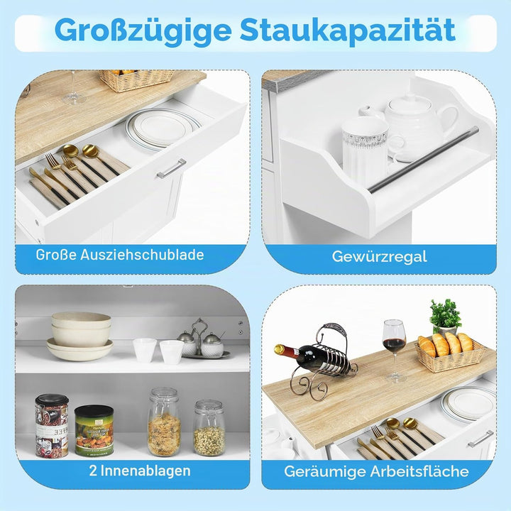KOMFOTTEU Küchenwagen Servierwagen mit Arbeitsplatte, Küchenschrank Holz mit Rollen, Kücheninsel küc