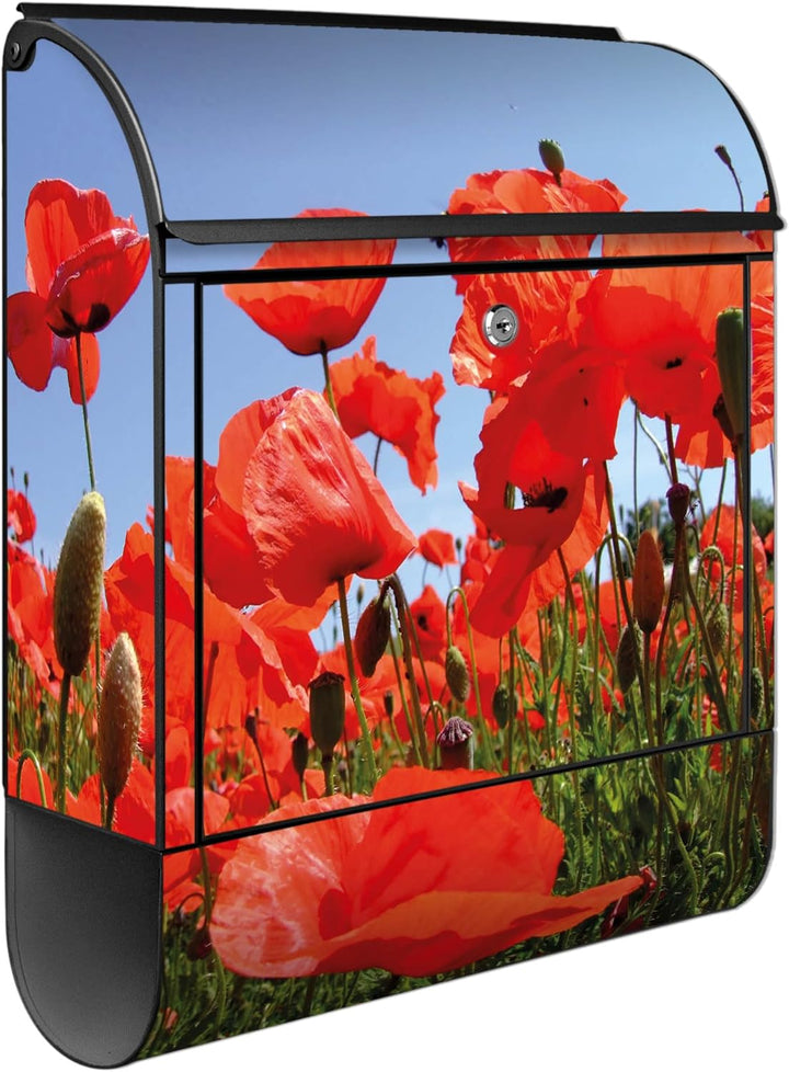 banjado® Design Briefkasten mit Motiv Mohnblumen 39x47x14cm &amp; 2 Schlüssel - Briefkasten Stahl schwar