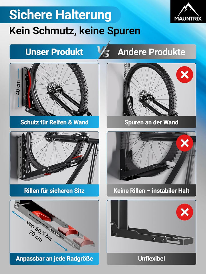 Mauntrix - schwenkbare Fahrradwandhalterung | Halterung für 16–29 Zoll Räder | Wandhalter aus Stahl