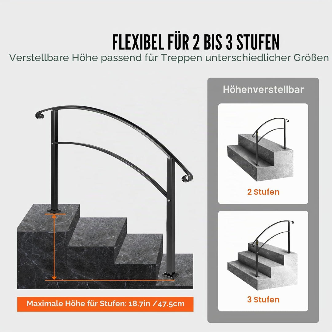 Happybuy Handläufe für Outdoor-Stufen, Fit 1 oder 3 Stufen Outdoor Treppengeländer, Schwarz Schmiede