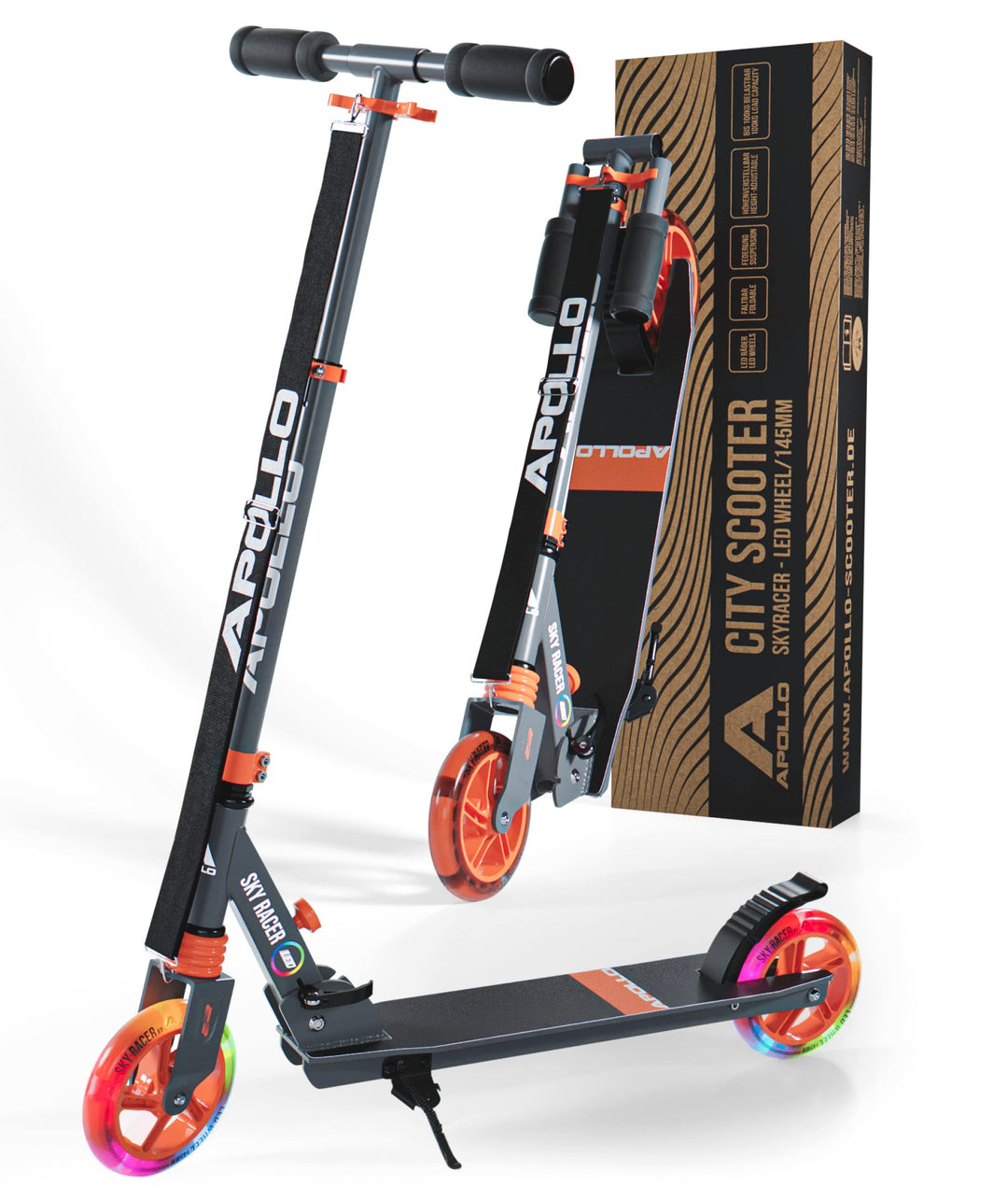 Apollo Skyracer City Roller mit LED Leuchträdern | Roller Kinder 6 Jahre | City Scooter mit Federung