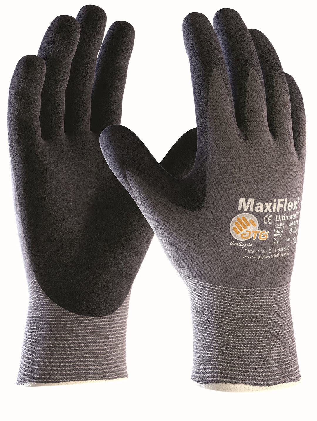 10 Paar Maxiflex Ultimate Nylon-Strickhandschuhe grau/schwarz, ATG 34-874 Grösse 9