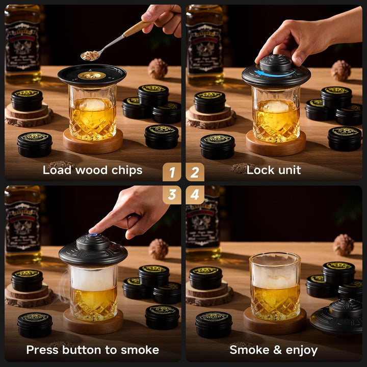 ComboJoy Elektrisches Whisky-Räucherkit mit LED, 6 Aromaholzspäne, Whisky-Glas & Eisform, wiederaufl