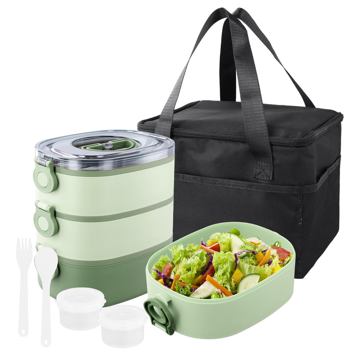 3 in 1 Lunchbox mit Fächern, Bento Box 2800ml mit Tasche, Auslaufsichere Essensbox 3 Lagen Stapelbar